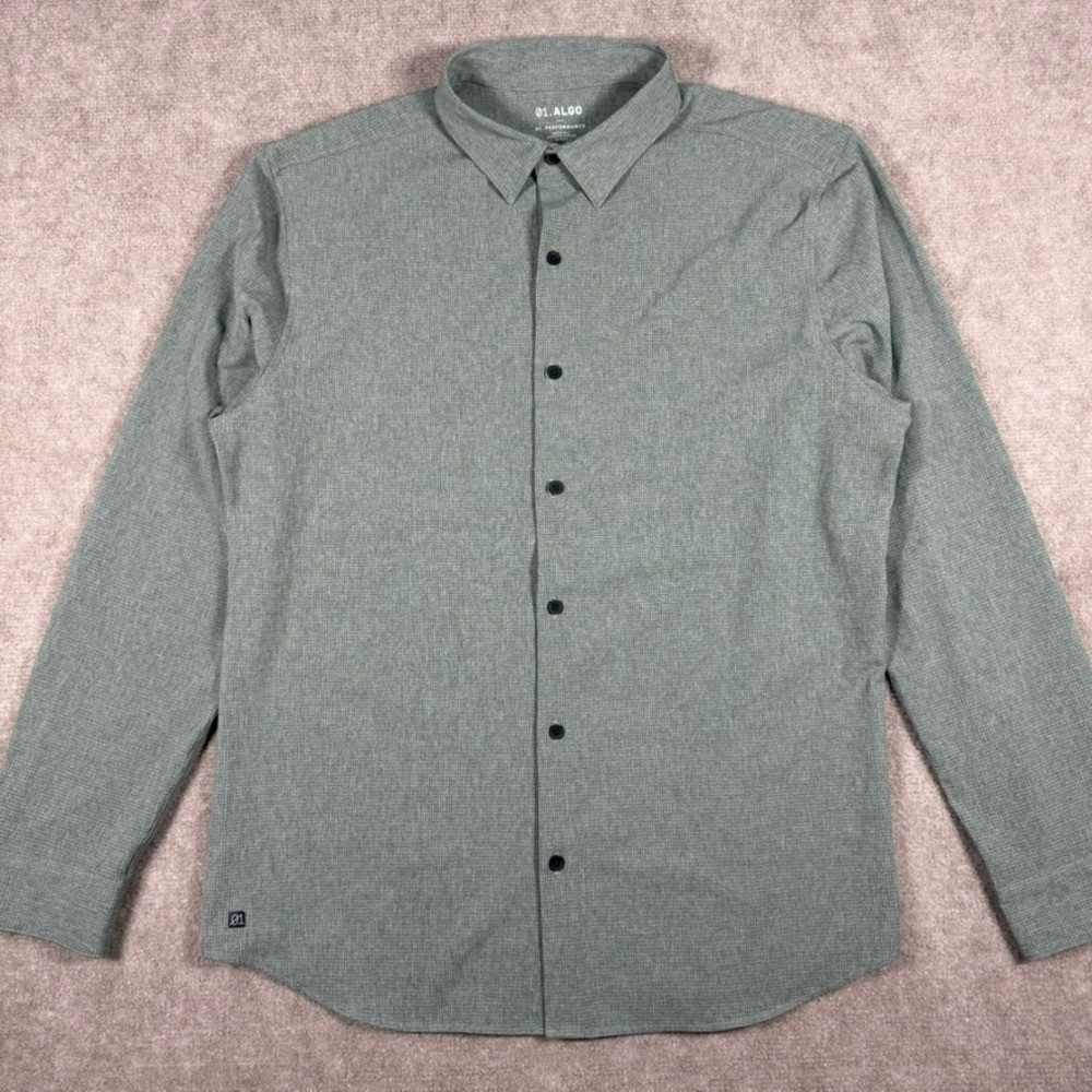 01.ALGO Mens Performance Button Down Shirt Size L Green Long Sleeve UPF Stretch